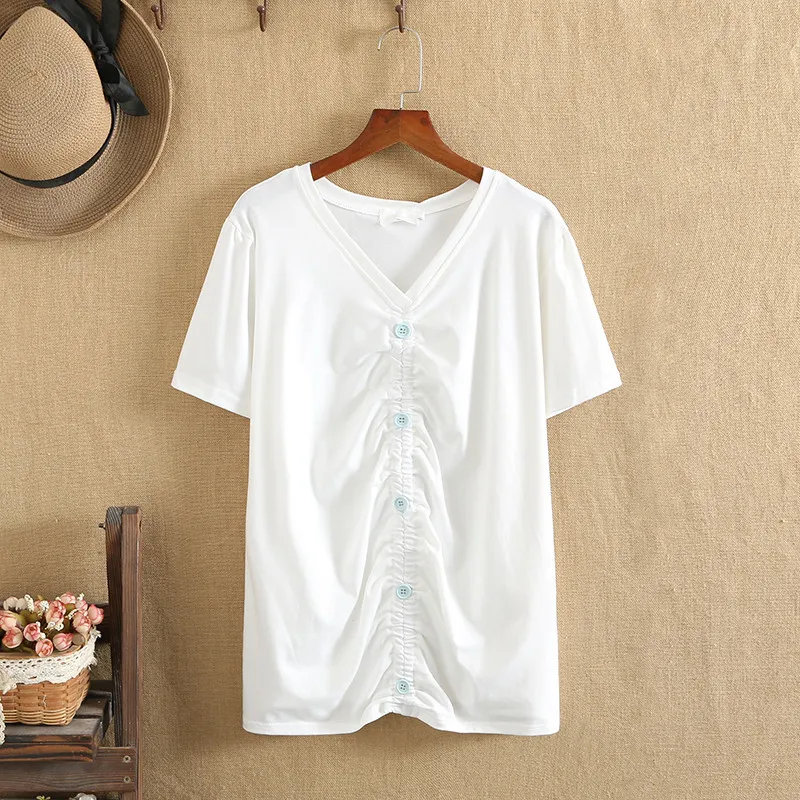 

Plus Size Women Clothing V-Neck Short Sleeves Knitted Cotton T-Shirt Extraction Pleat And Button Decoration For Fatwomen Summer