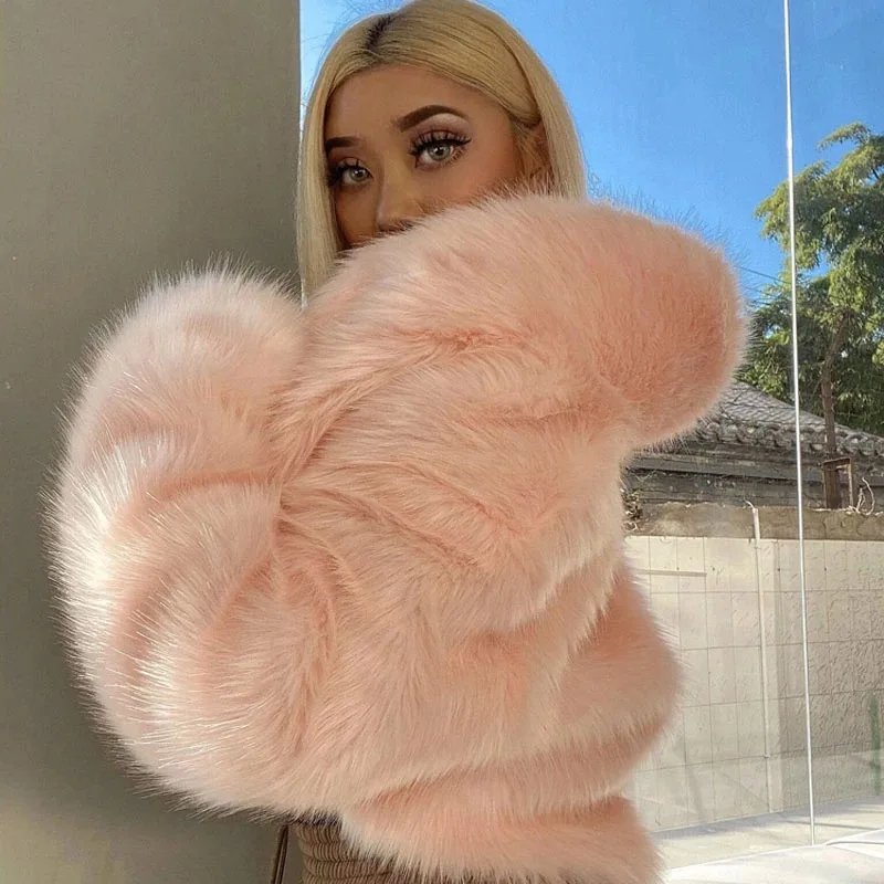 

Меховая куртка, куртка из лисьего меха, зимняя свободная теплая куртка из искусственного меха с отворотом и длинным рукавом, Повседневная о...