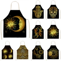 golden sun moon printed kitchen sleeveless aprons cotton linen bibs 5365cm household women cleaning pinafore home cooking 46403