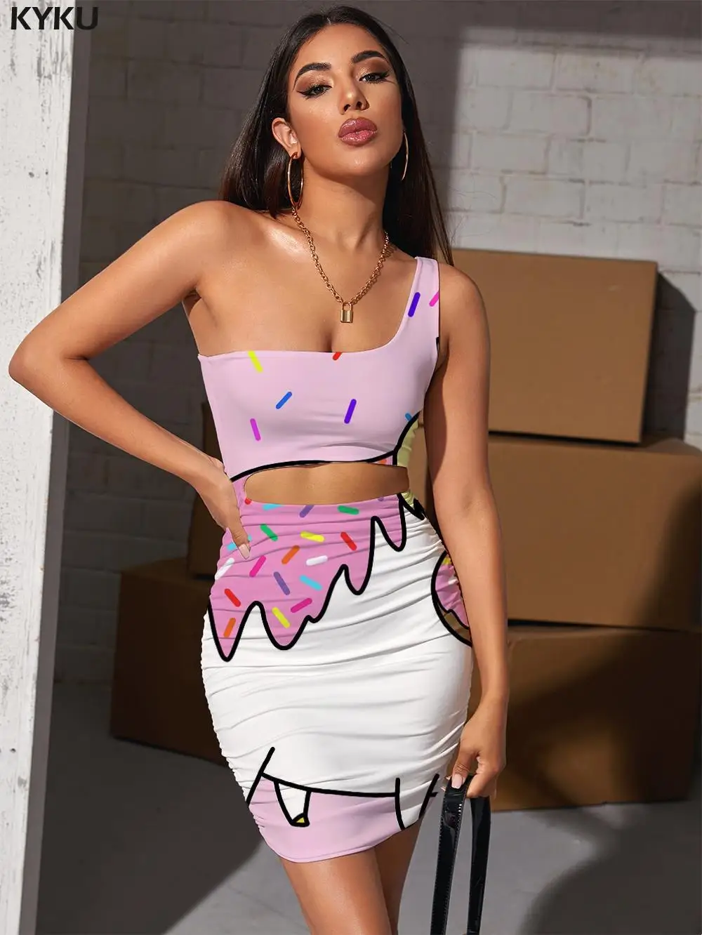 

KYKU Brand Unicorn Dress Women Donuts Bodycon Dress Rainbow Pleating Harajuku Hollow out Dresses Womens Clothing Party Vintage