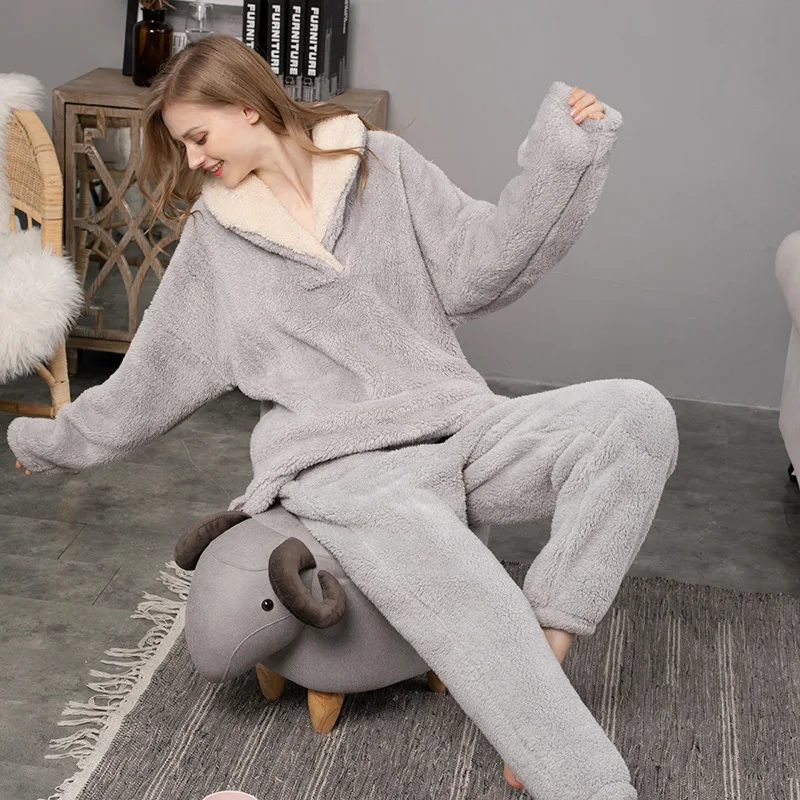

Soft Comfortable Women Pajamas Sets Thick Warm Coral Fleece Couple Homewear 2021 Autumn Winter Casual Simple Lapel Sleepwear