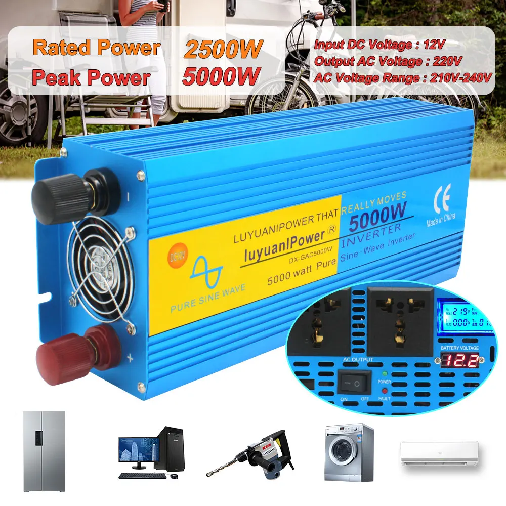 

DC12V 24V To AC 220V/110V 5000Watts Peak Dual LCD Display Pure Sine Wave US/Universal Plug Home/outing Power Inverter