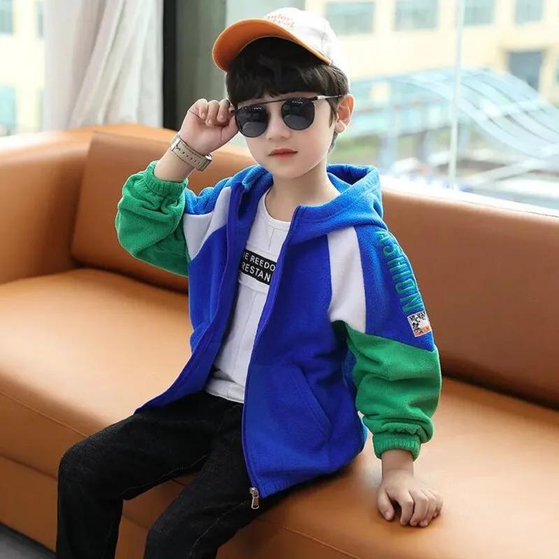 

Spring Children's Outwear Fleece Coat For Boys' Hooded Soft Shell Sweater Middle School Polar Fleece For Jacket Kids Clothes