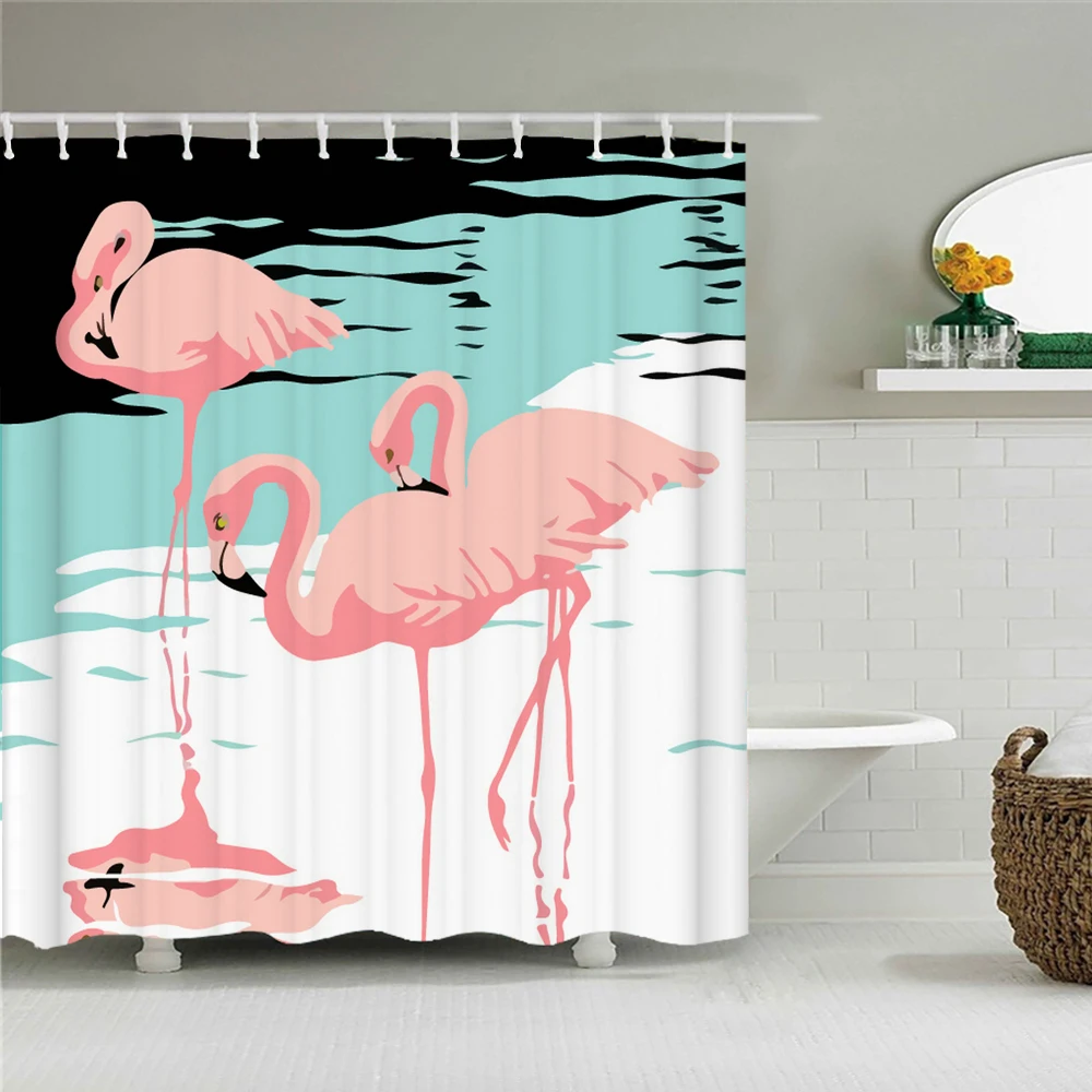 

Flamingo Pattern Shower Curtains Bathroom Curtain Frabic Waterproof Polyester Flowers Birds Bath Curtain Home Decor With Hooks