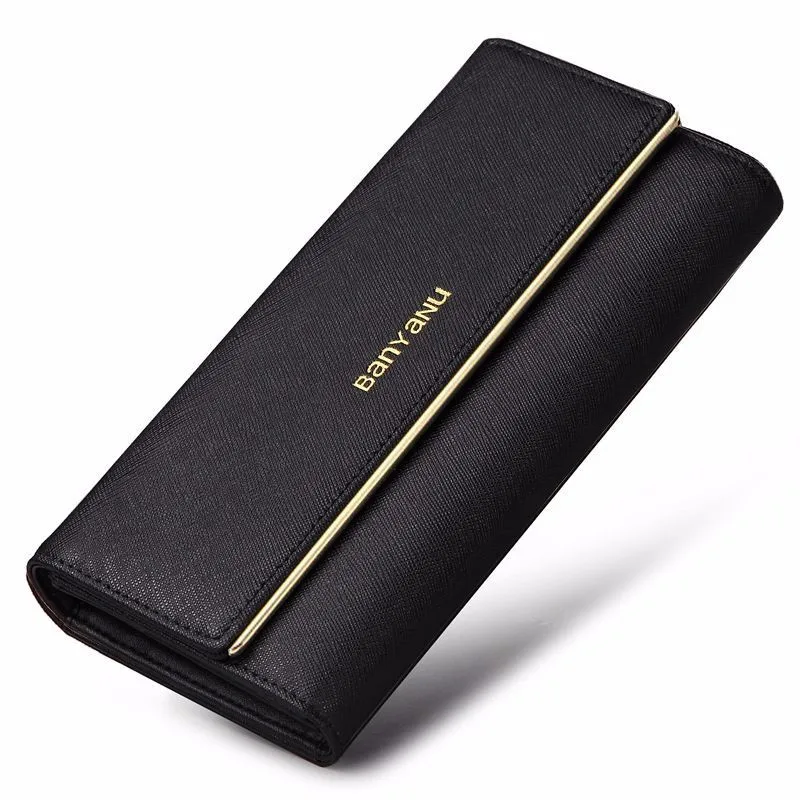 Genuine Leather Long Women Wallets Multi-functional Female Simple Tri-fold Metal Buckle Coin Purses Ladies Clutch Money Clip