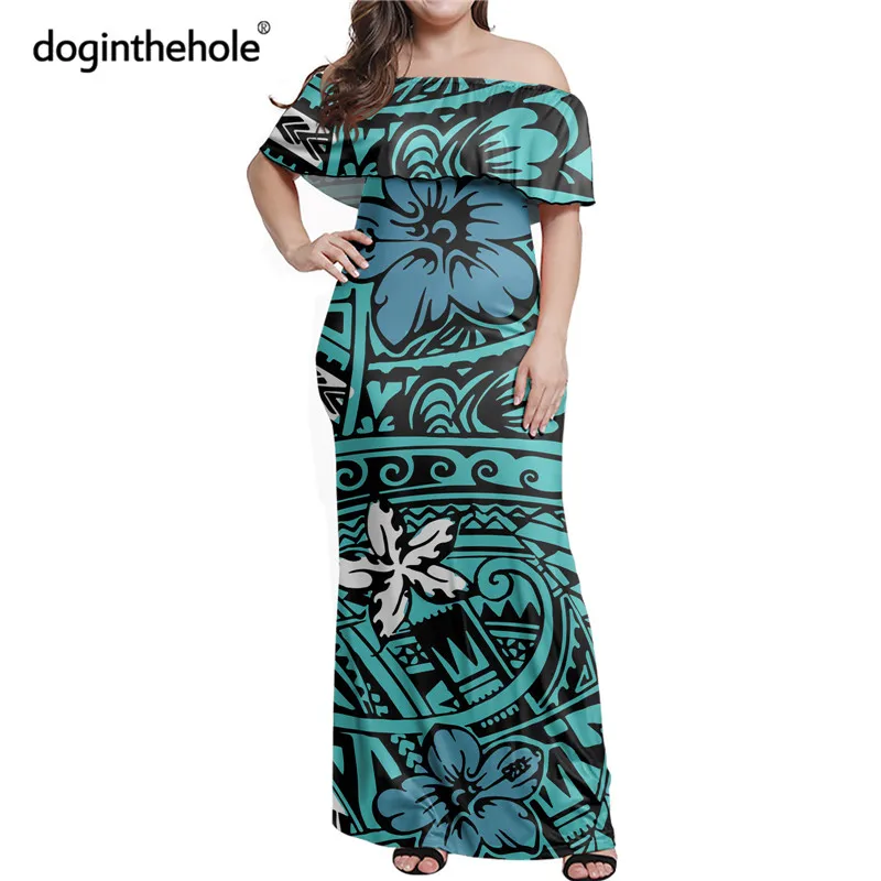 

Doginthehole Women's Samoa Tribal Printed Ruffle Maxi Dress 2020 Fashion New Off Shoulder Party Dresses Lady's Casual Streetwear