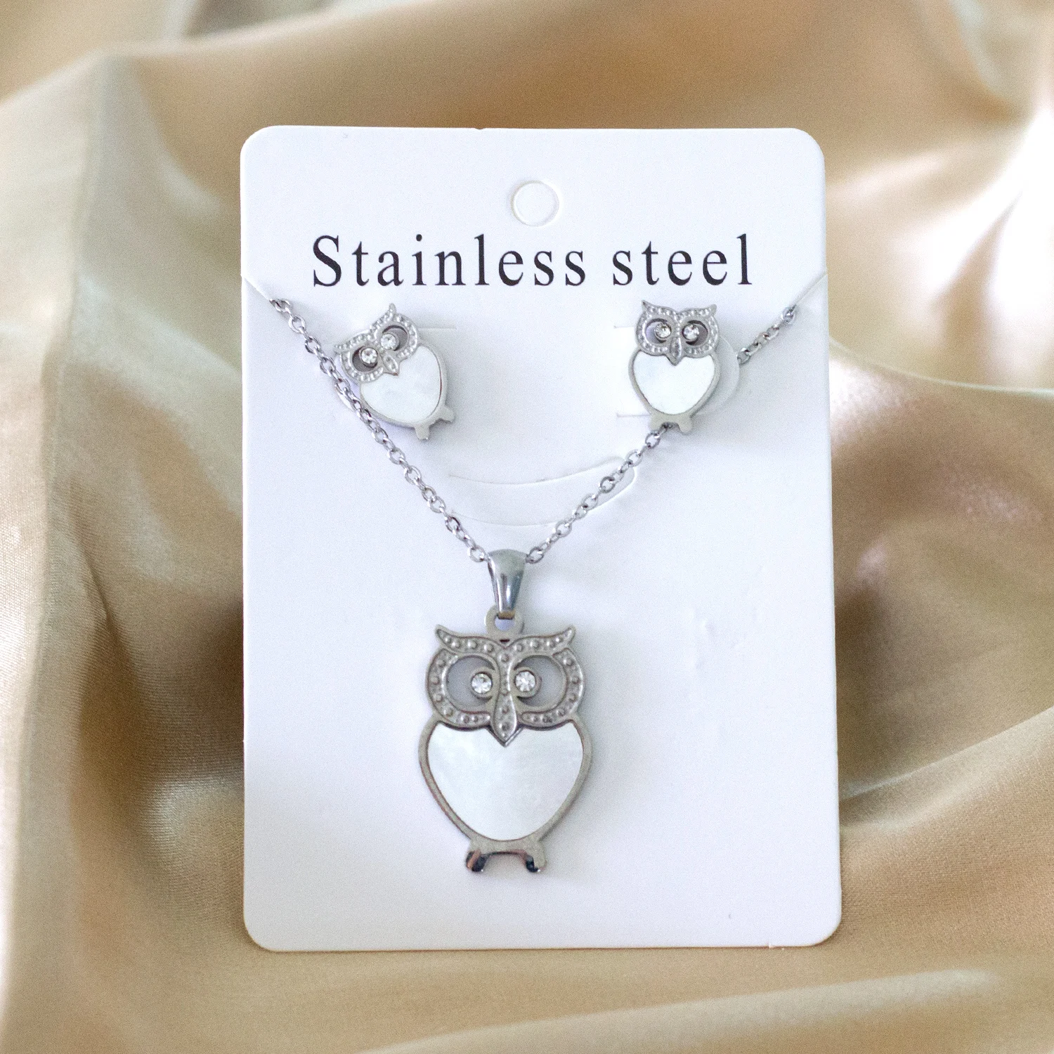 

Gold/Silver Shell Owl Pendant Necklace and Stud Earrings Jewelry Set Stainless Steel for Women Men Fashion Jewelry Gift
