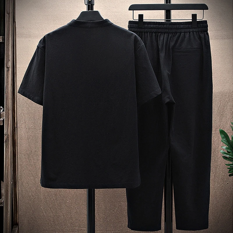 

Men's Clothing Large Size Tracksuit Husband 2020 Summer Suit Linen T-shirt Fashion Male Set Chinese Style 5XL Plus Two Piece