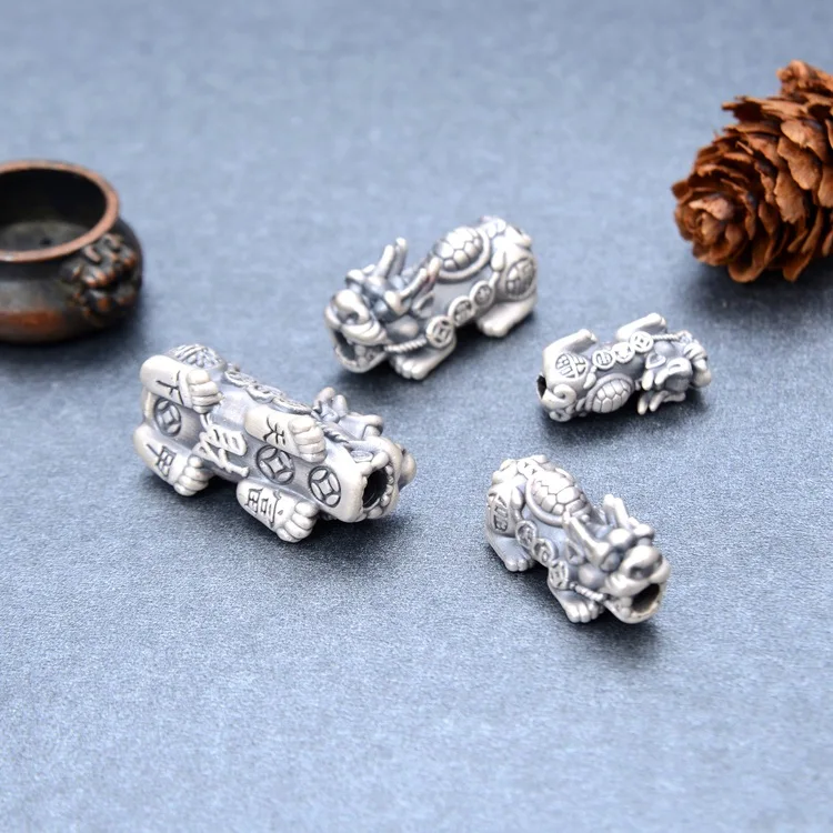 Винтажные серебряные бусина Pixiu 100% 3D 999 из чистого серебра удача фэншуй животные