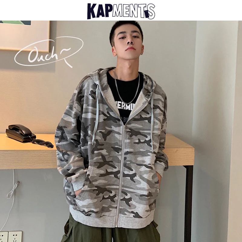 

KAPMENTS Men Streetwear Camouflage Hooded Hoodies 2022 Autumn Mens Kpop Fashion Harajuku Hoodie Male Hip Hop Sweatshirt Cardigan