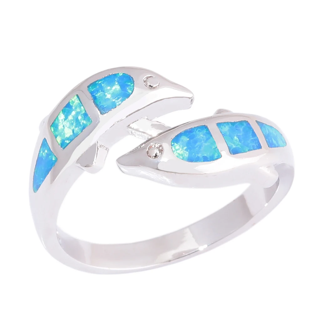 

CiNily Created Blue Fire Opal Silver Plated Dolphin Wholesale Hot Sell for Women Jewelry Ring Size 7-9 OJ9617