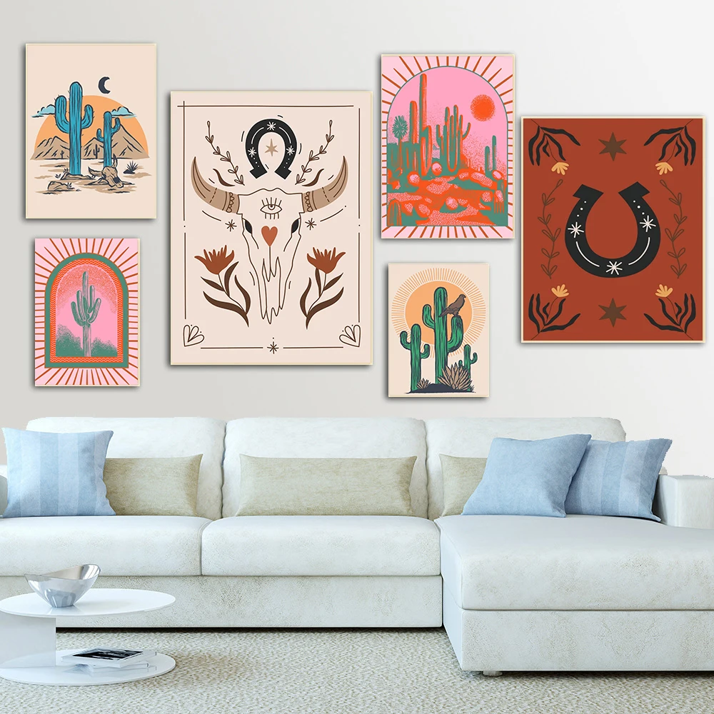 

Abstract Cactus Bull Head Canvas Painting Boho Desert Landscape Poster Vintage Art Print Nordic Wall Picture Living Room Decor
