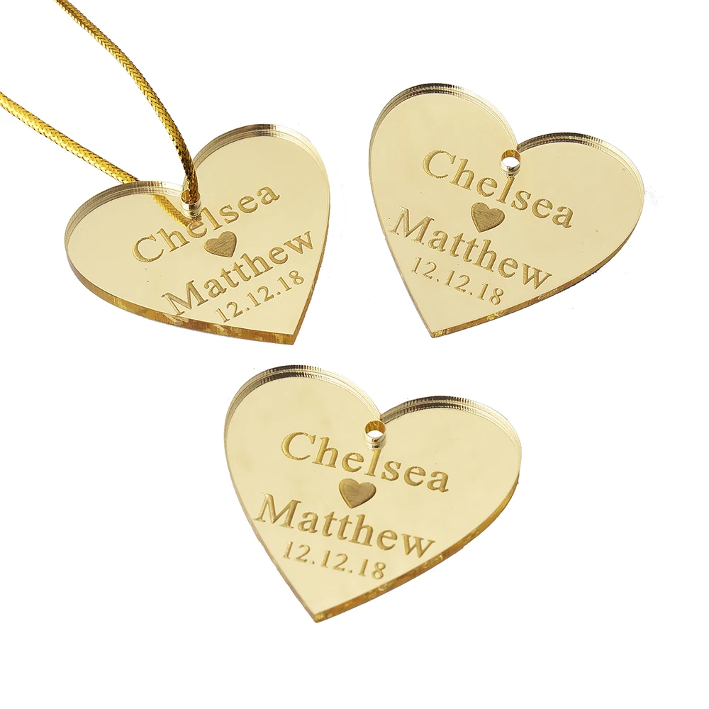 

20PCS Personalized Engraved Mirror Gold Love Heart Wedding Name Tags Baby Shower Decor Gift Tags Baptism Tags Favors 4CM