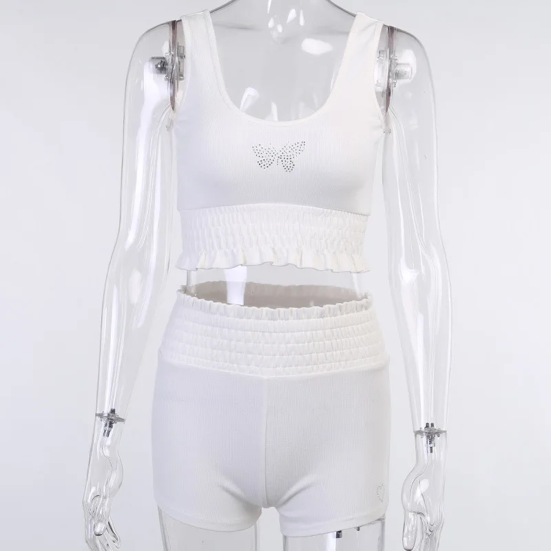 

2020 Sexy New Arrivals Sleeveless Pleated Elastic Vest High Waisted Shorts 2 Piece Set Women Summer Butterfly Drill Style Sets