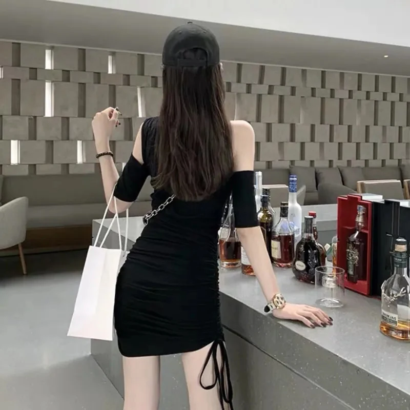 

Korean Style Strapless Inclined Shoulder Drawstring Mini Dress Sexy Ruched Dresses For Women Party Casual Pink Black Women Dress