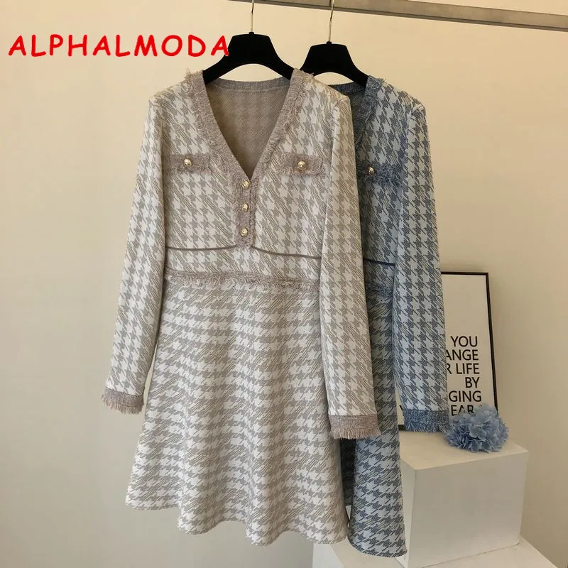 Женское вязаное платье ALPHALMODA элегантное с v образным вырезом и длинными рукавами