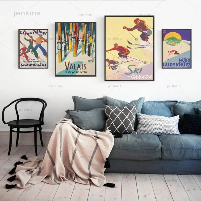 

Vintage Ski Posters Art Canvas Prints Ski In Canada France Valais Switzerland Retro Travel Painting Art Wall Pictures Home Decor