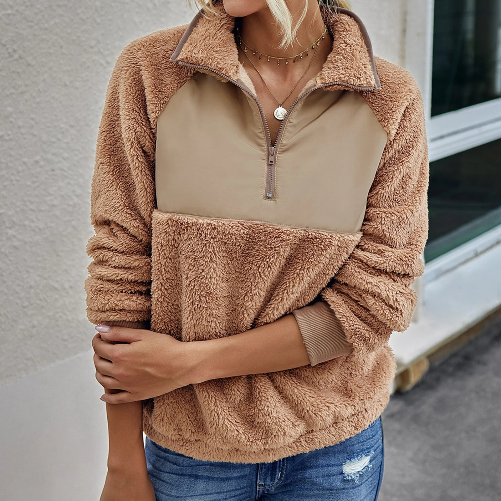 

Women Autumn Winter Patchwork Plush Long Sleeve Pullover Stand Collar Sweatshirt Casual Stand Collar soft Solid Zip Up Pullover