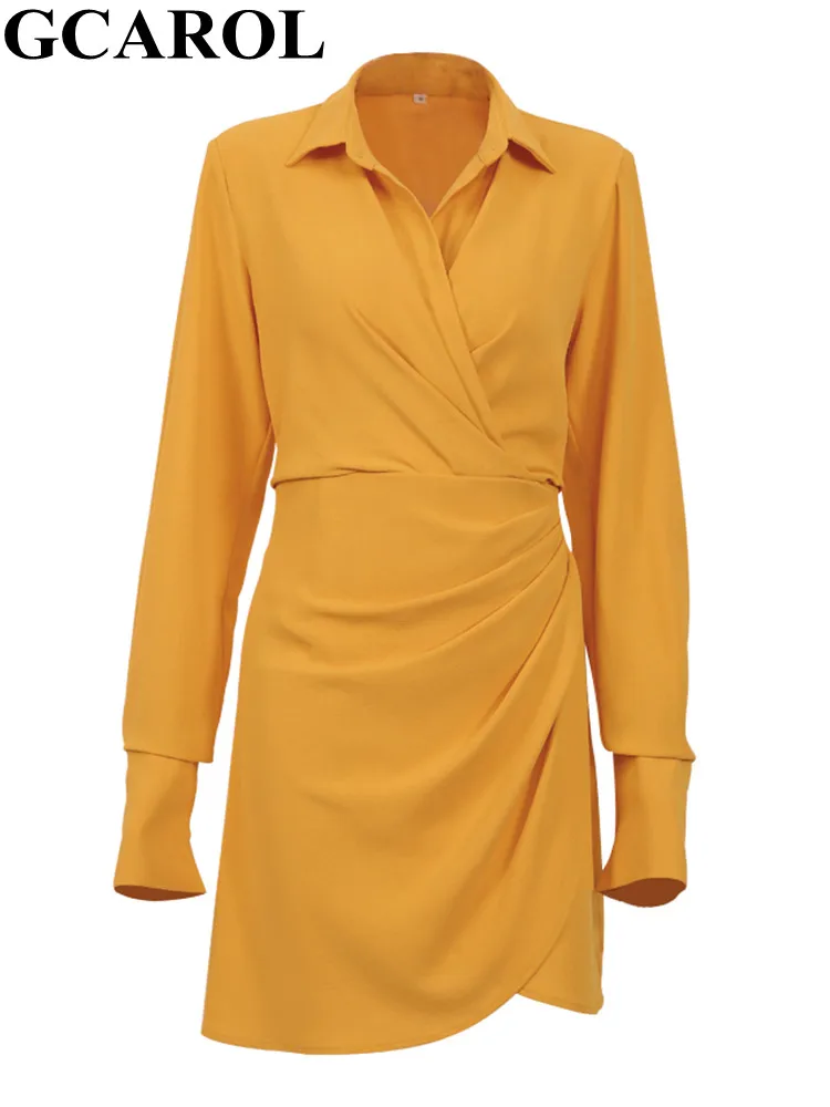 

GCAROL Новое весеннее женское асимметричное платье-рубашка с отложным воротником и v-образным вырезом, плиссированное невидимое мини-платье н...
