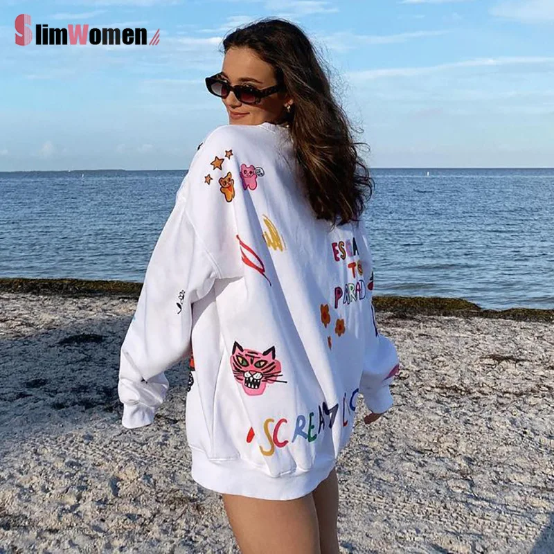 Свитшот женский оверсайз с длинным рукавом свободный белый Повседневный милый