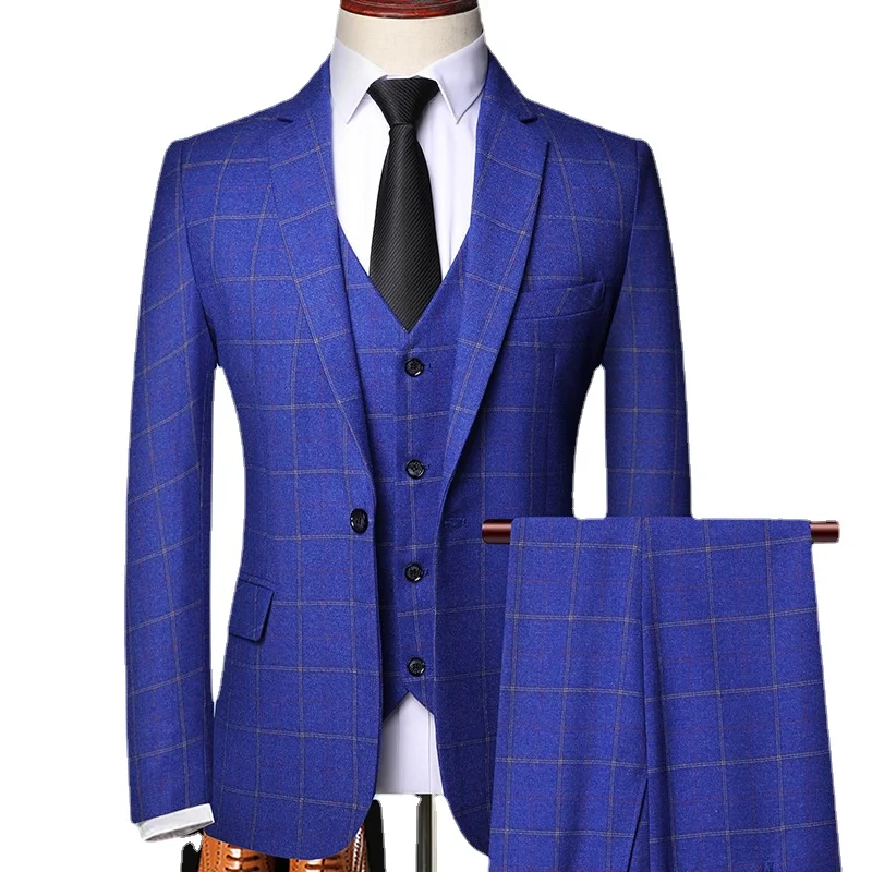 High Quality Cotton  Business Three-piece Suit/male Slim Pla