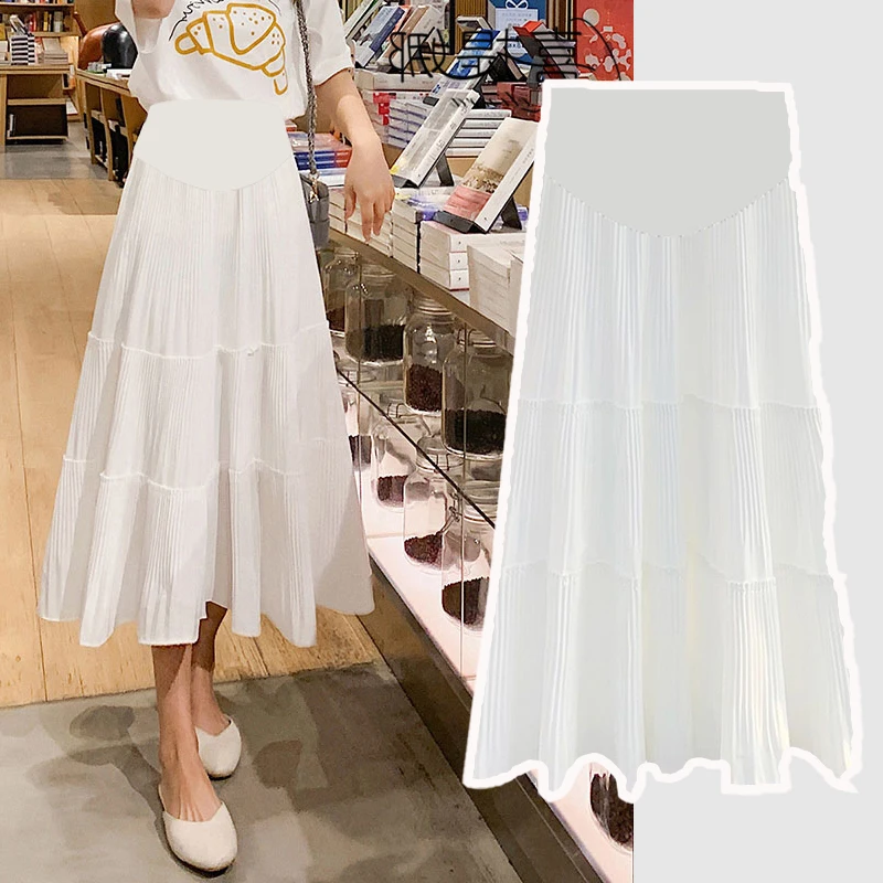 

8529# Summer Thin White Black Patchwork Chiffon Maternity Skirts Elastic Waist Belly A Line Loose Clothes for Pregnant Women