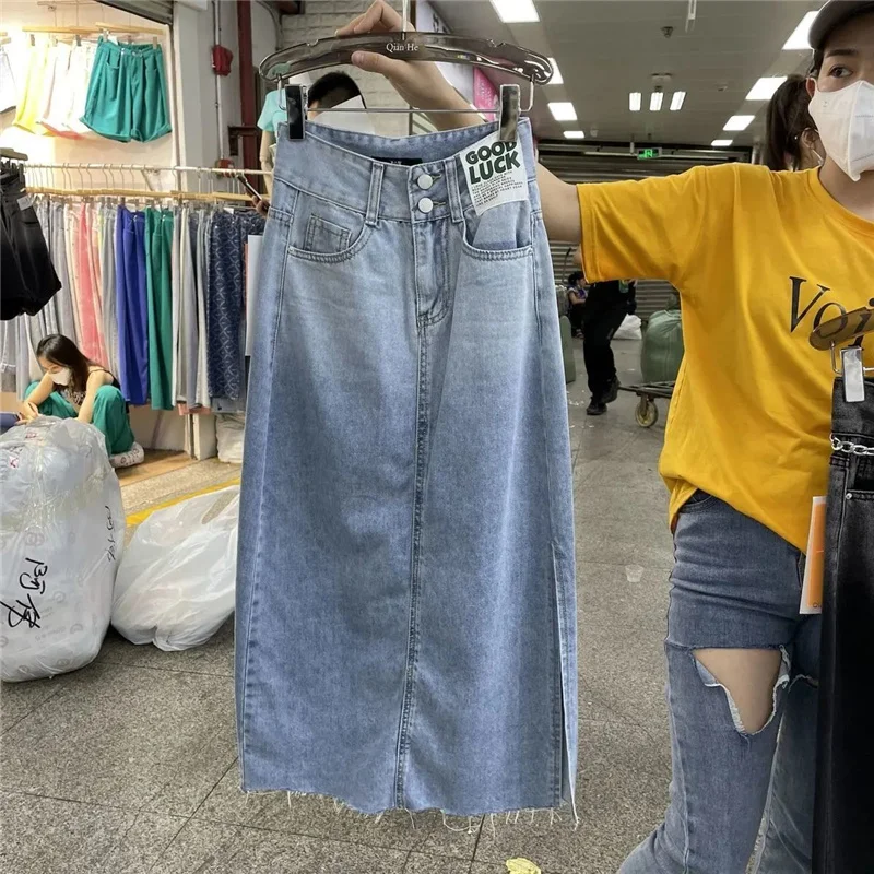 

Летняя Новинка 2023, Женская длинная джинсовая юбка, Женская прямая юбка-карандаш трапециевидной формы с разрезом сбоку, винтажная джинсовая юбка с высокой талией