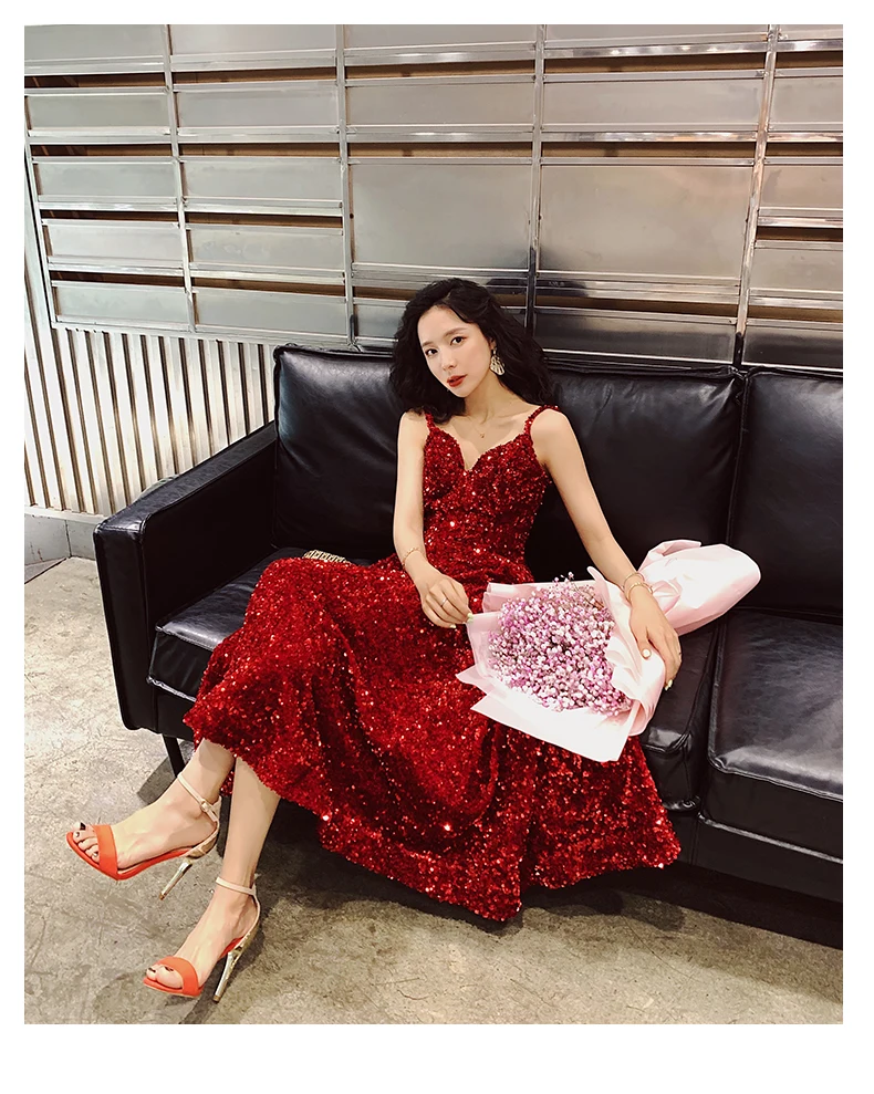 AE552 Prom Dresses Long New V-Neck Sleeveless A-line Sequined Wedding Guest Gowns Vestido De Gala