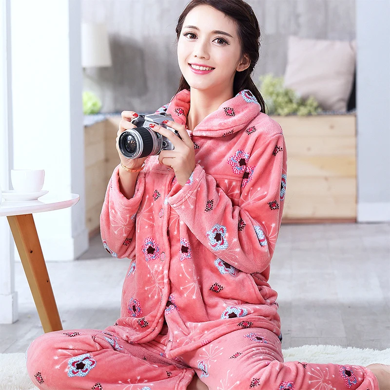 pink pijamas women Пижама женская зимняя фланелевая теплая однотонная Пижама женская толстая Коралловая флисовая Пижама женская длинная Пижама больших размеров для женщин - Цвет: pink pijamas women