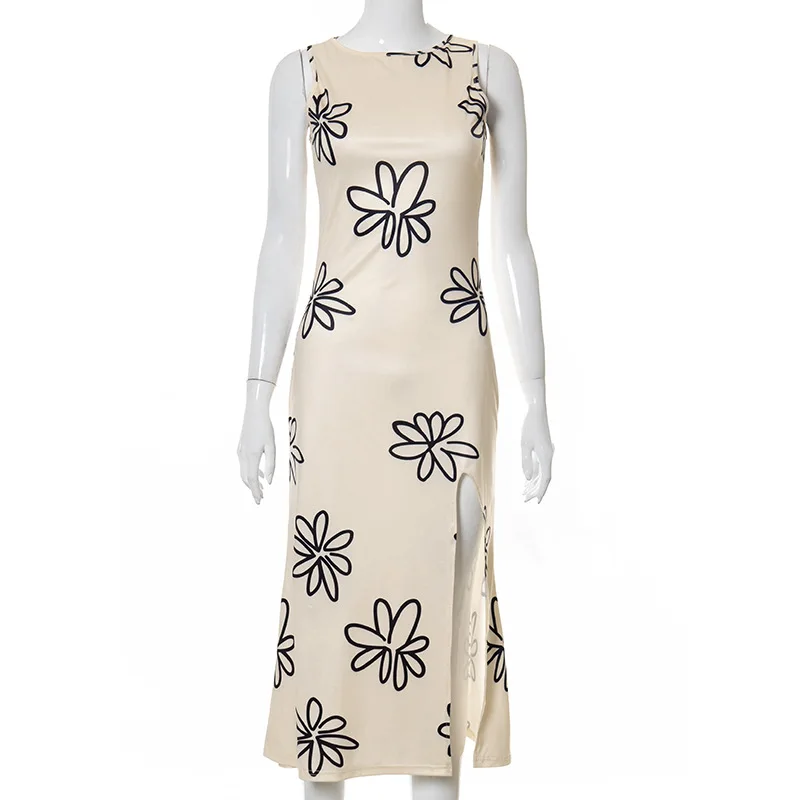 

Women's Summer New Round Neck Sleeveless Sexy Big Backless High Waist Side Open Casual Dress 2021