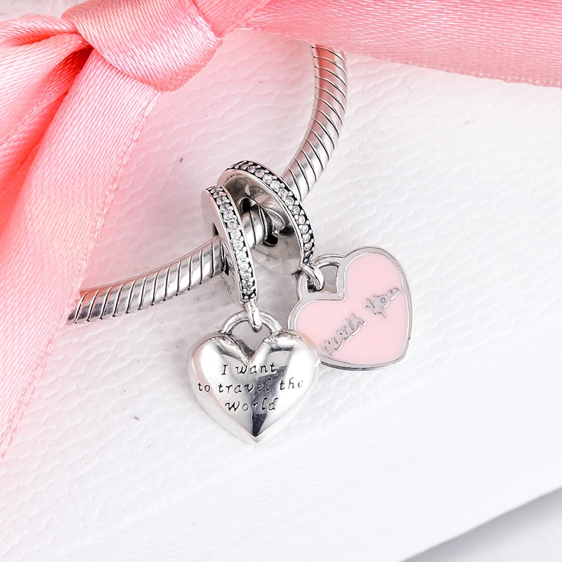 

DIY Fits for Pandora Bracelets Pink Heart Charms 100% 925 Sterling Silver Beads Free Shipping