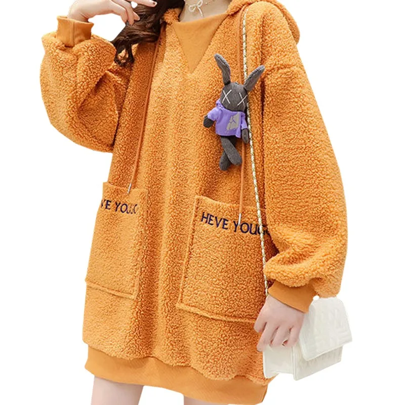 

Зимняя женская Повседневная Толстовка с капюшоном, Женская толстовка из овечьей шерсти с вышивкой в стиле Харадзюку, пуловер с надписью Heve ...