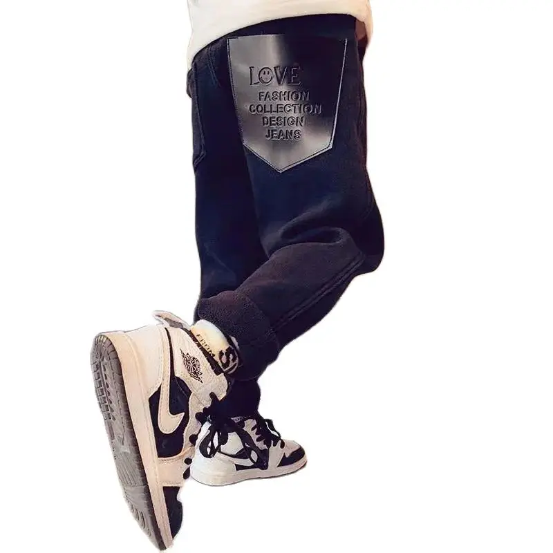 

Winter Jeans For Boys Pants Overalls 2022 New Style Plus Velvet Thick Western Children's Black 3-12 Years Loose Korean Fashionn