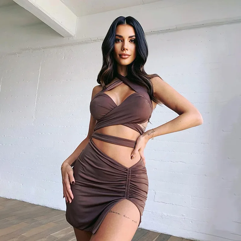 

WJFZQM Women Sexy Halter Neck Vests Clubwear Matching Outfits Two Piece Sets Brown Bandage Backless Tops Ruched Slit Mini Skirts