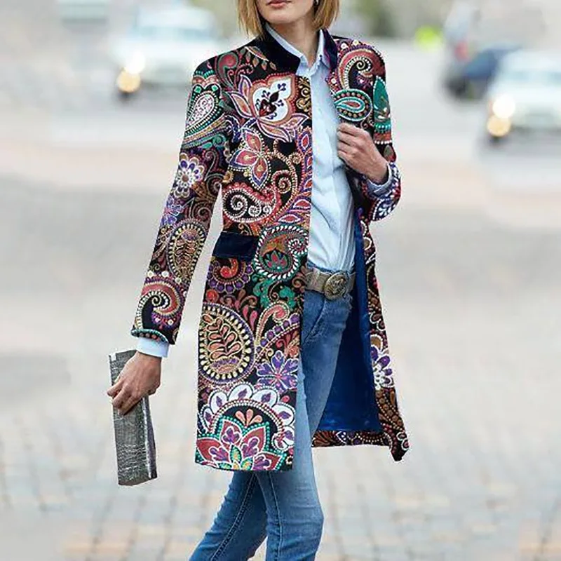 

Casual Single Breasted Winter Fashion Wool Coats Print Long Wool Blend Coat And Jacket Wide-waisted Fashion Coat Femenino