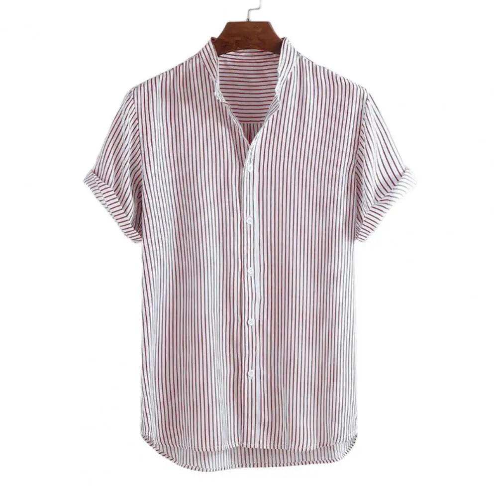 

Мужская летняя рубашка в полоску, белая дышащая Свободная рубашка из смески хлопка с воротником-стойкой и короткими рукавами, универсальна...