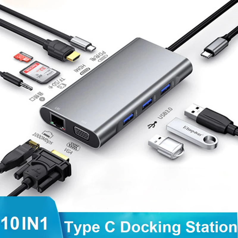 Адаптер Basix Hdmi Vga концентратор 10 в 1 Тип C адаптер USB 3 0 порт 4K HDMI VGA RJ45 Gigabit Ethernet для