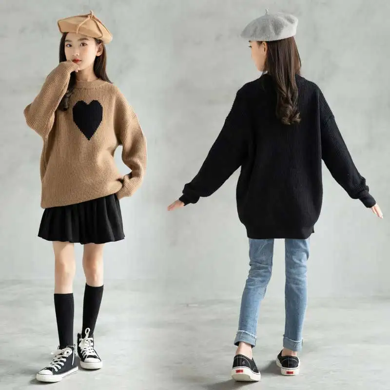 

Свитер для девочек осень-зима 2022 Повседневные вязаные свитера с принтом сердечек детская одежда детские школьные Топы 6 8 10 12 14 16 лет