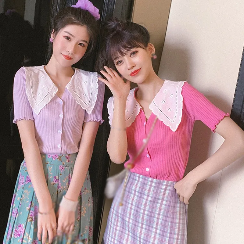 

Sweet Lace Trim Lapel T-shirt for Women Wild Hollow Out Solid Color T Shirt Summer Short-sleeved Knitted Cardigan #