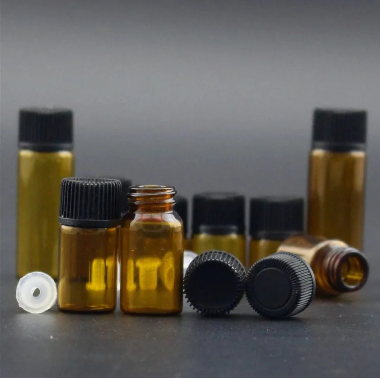 

100pcs/lot 1ml 2ml 3ml 5ml Mini Amber Glass Essential Oil Bottle With Black Cap Brown Glass Bottle Sample Test Refillable Bottle