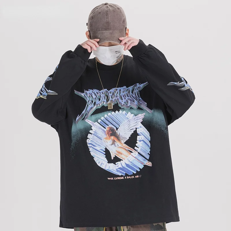

Men Hip Hop Streetwear Angel Print T Shirt Harajuku Oversize TShirts Long Sleeve Fashion Large T-Shirt Cotton Tops Tees