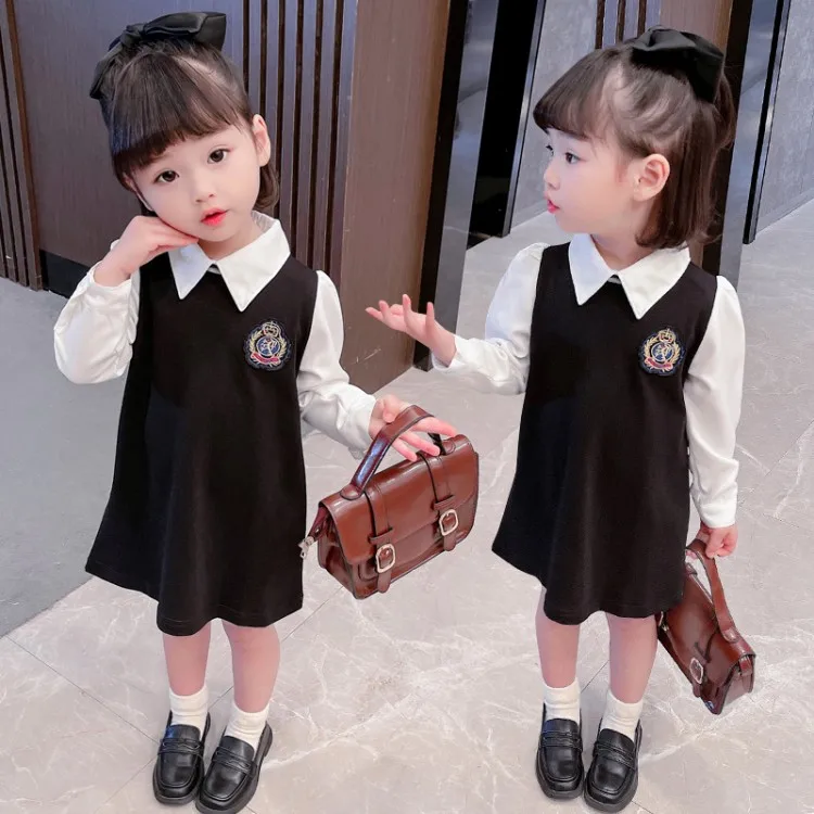 

Школьная форма с длинным рукавом, платья, черно-белый костюм в стиле преппи для девочек, комплект, сарафан, детская одежда, деловые платья
