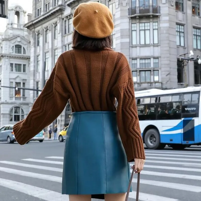 

High Quality Autumn Winter Sheepskin Womens A-Line Skirts High Street Fashion Zipper Splice Female Genuine Leather Wrap Skirts