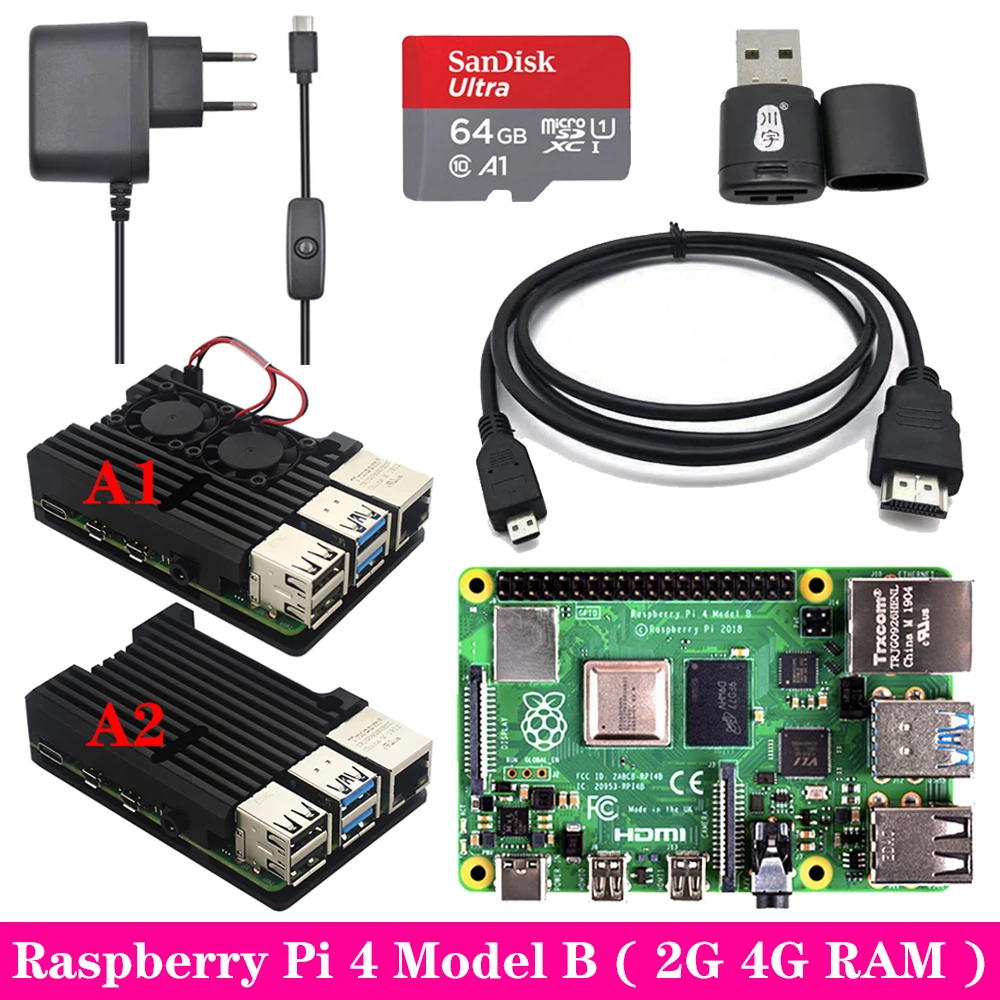 Raspberry Pi 4 2 ГБ 4 ГБ ОЗУ+ алюминиевый корпус 3A адаптер питания Micro HDMI кабель для Raspberry Pi 4 Модель B Pi 4B