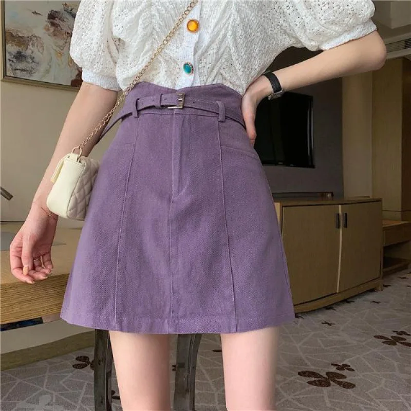 

Korean fashion purple denim skirt A-lineshort skirt Casual Polyester A-Line Above Knee Mini Empire pleated skirt