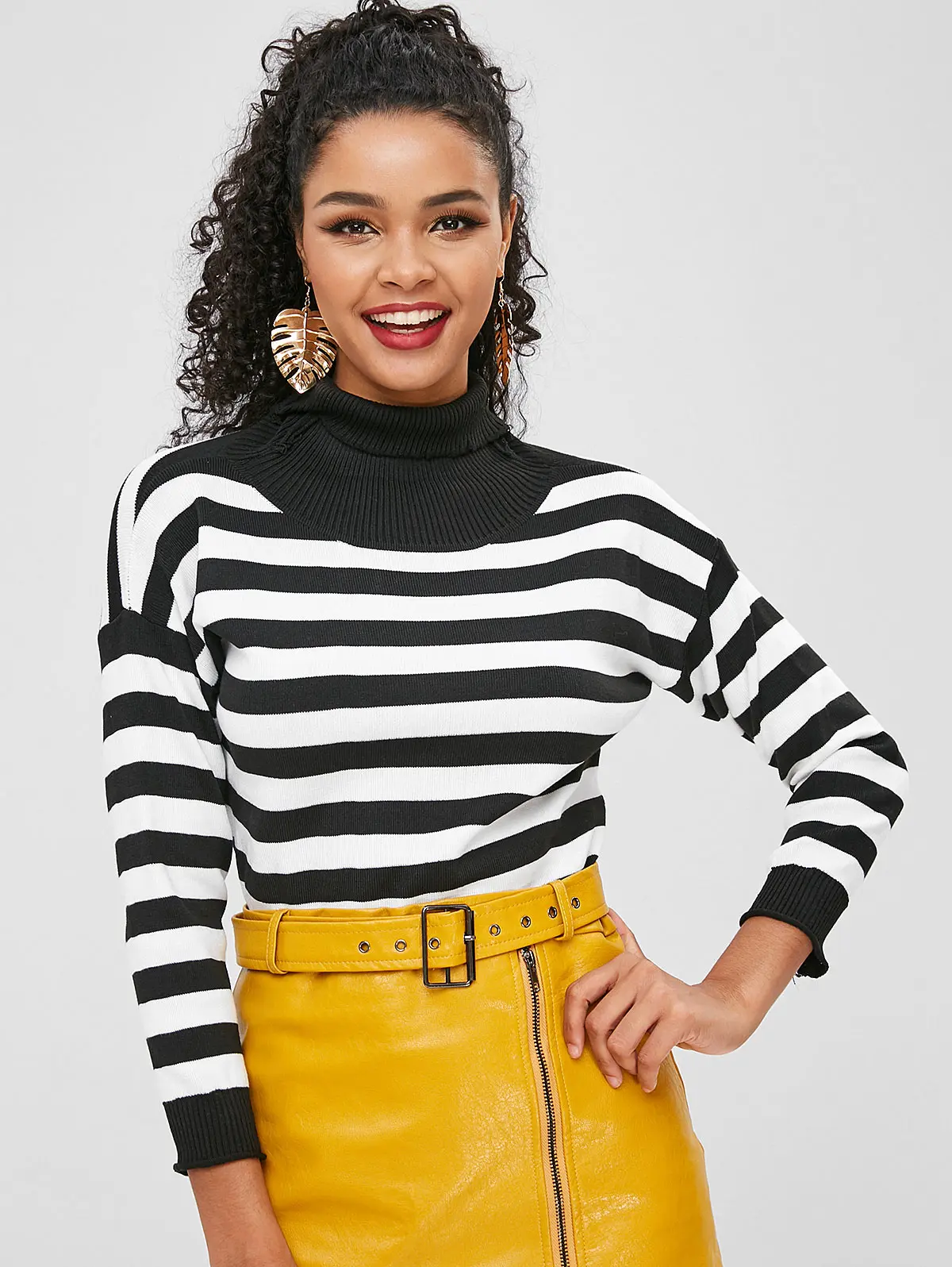 ZAFUL One size Roll Neck Stripe Casual Sweater Turtleneck Daily Polyacrylic Elastic well-dressed design Women's Pullovers | Женская