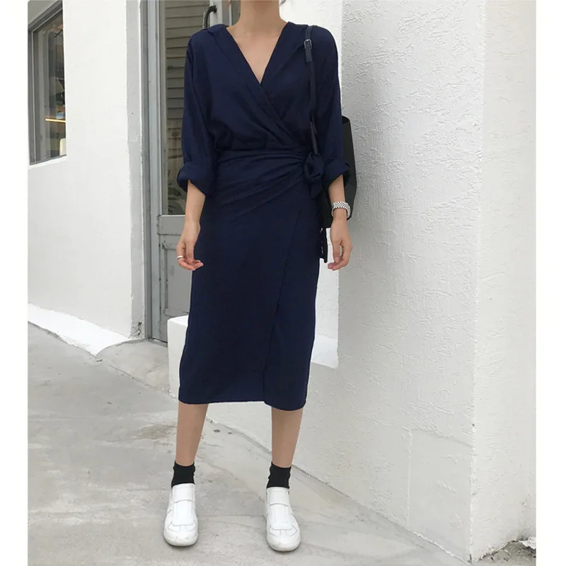 

2019 Autumn New Women's Temperament V-neck Long-sleeved Solid Color Dress Fashion Belt Sexy Irregular Dress 3 Colors Hh629