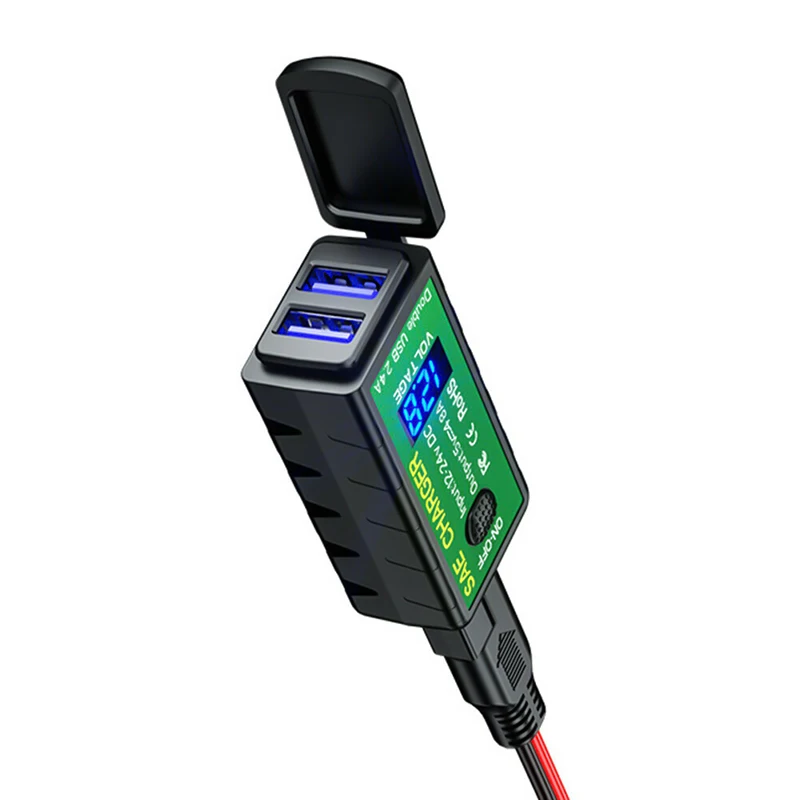 

Новинка 12-24 в SAE к USB двойное зарядное устройство с двумя портами USB с переключателем ВКЛ./ВЫКЛ. Вольтметр подходит для смартфонов планшетов GPS мотоциклов