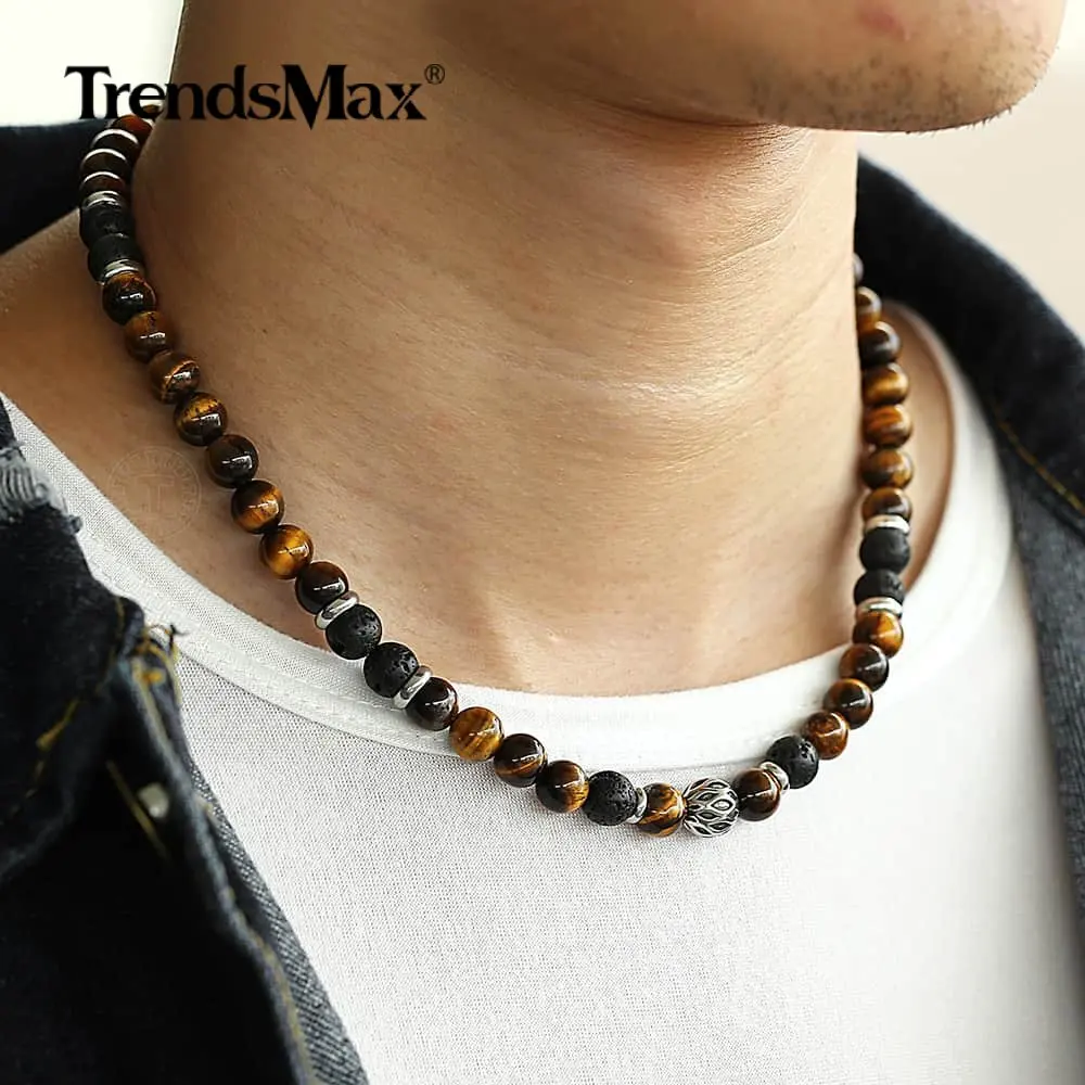 8mm Men's Unique Natural Tiger Eyes Stone Lava Bead Necklace Stainless Steel Beaded Charm Link Chain Male Jewelry Gift TNB002
