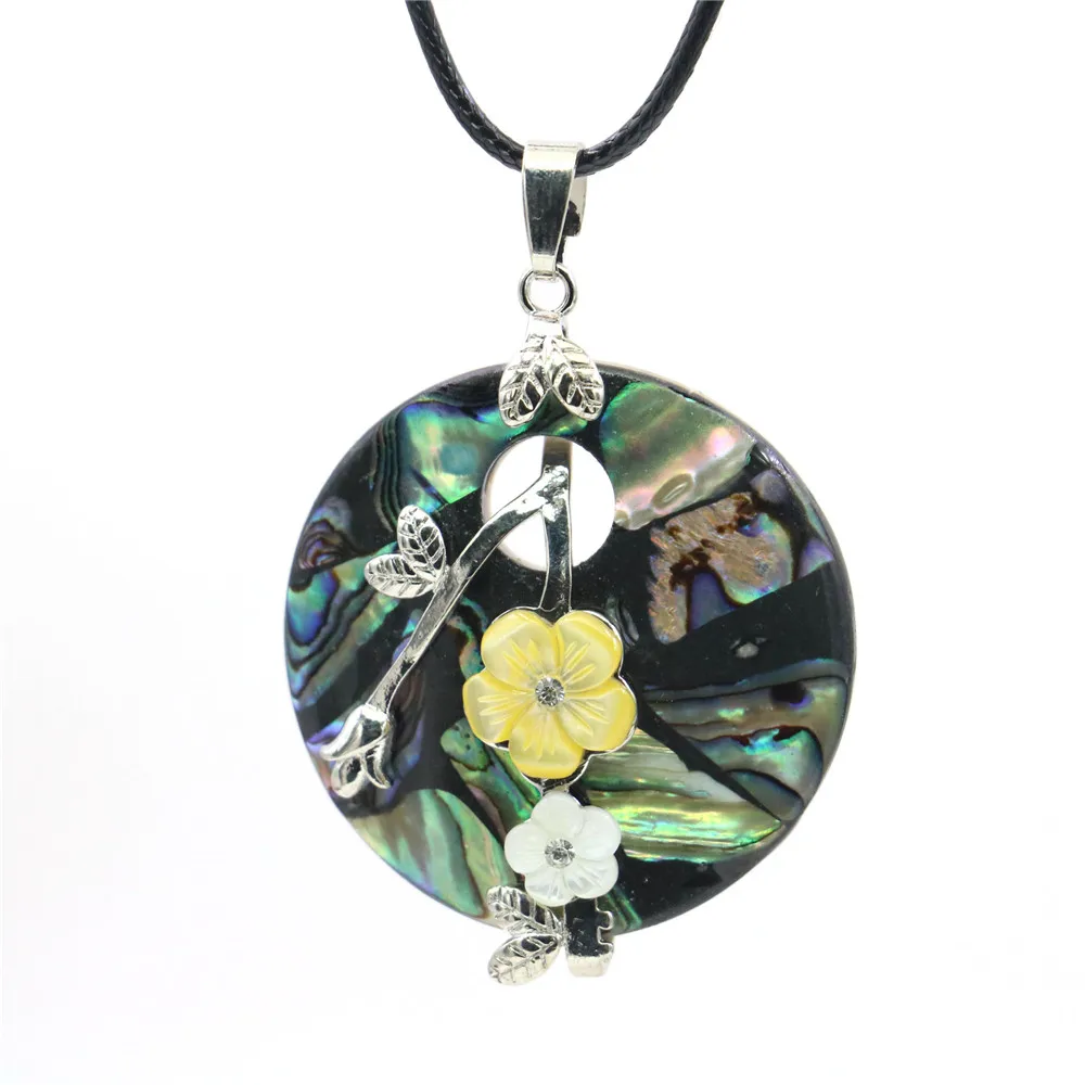

40mm Natural Round Flower Abalone Freshwater Shell Pendant Necklace Slide Black Rope Chain Neckwear Alloy Jewelry Making Design